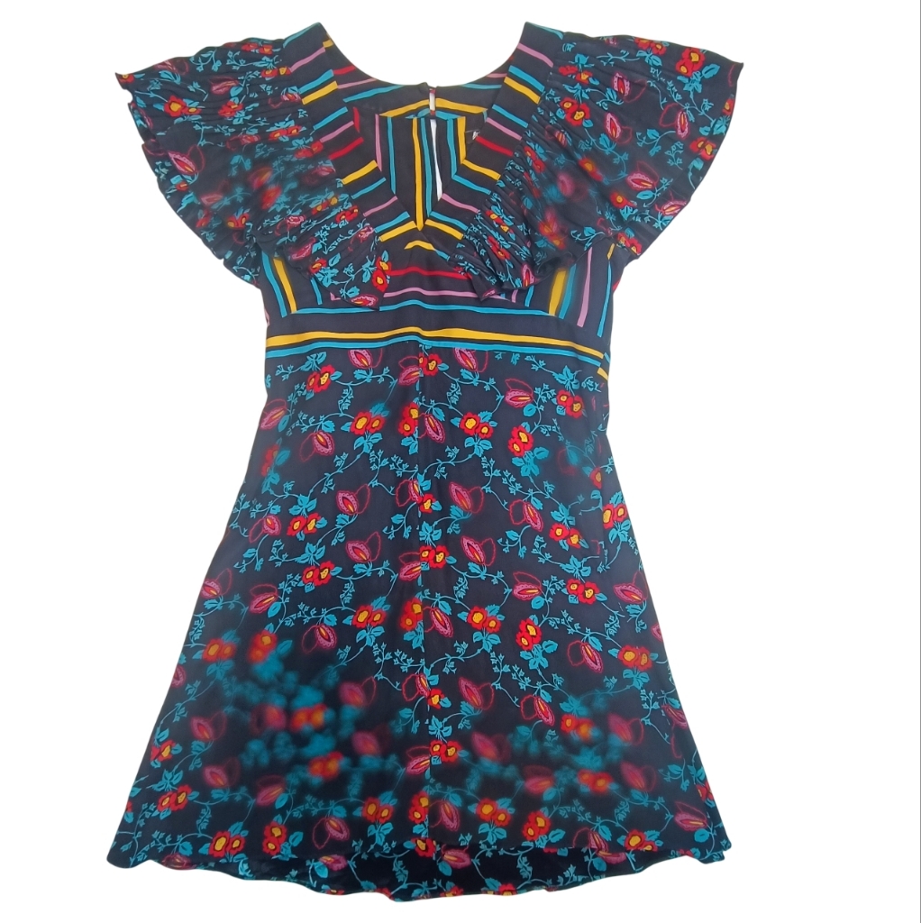 Vtg 90s Betsey Johnson New York Silk Floral Striped Dress Size 8 Modern 4